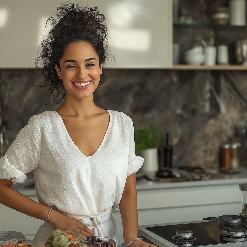 A smiling woman in a modern kitchen cabinet